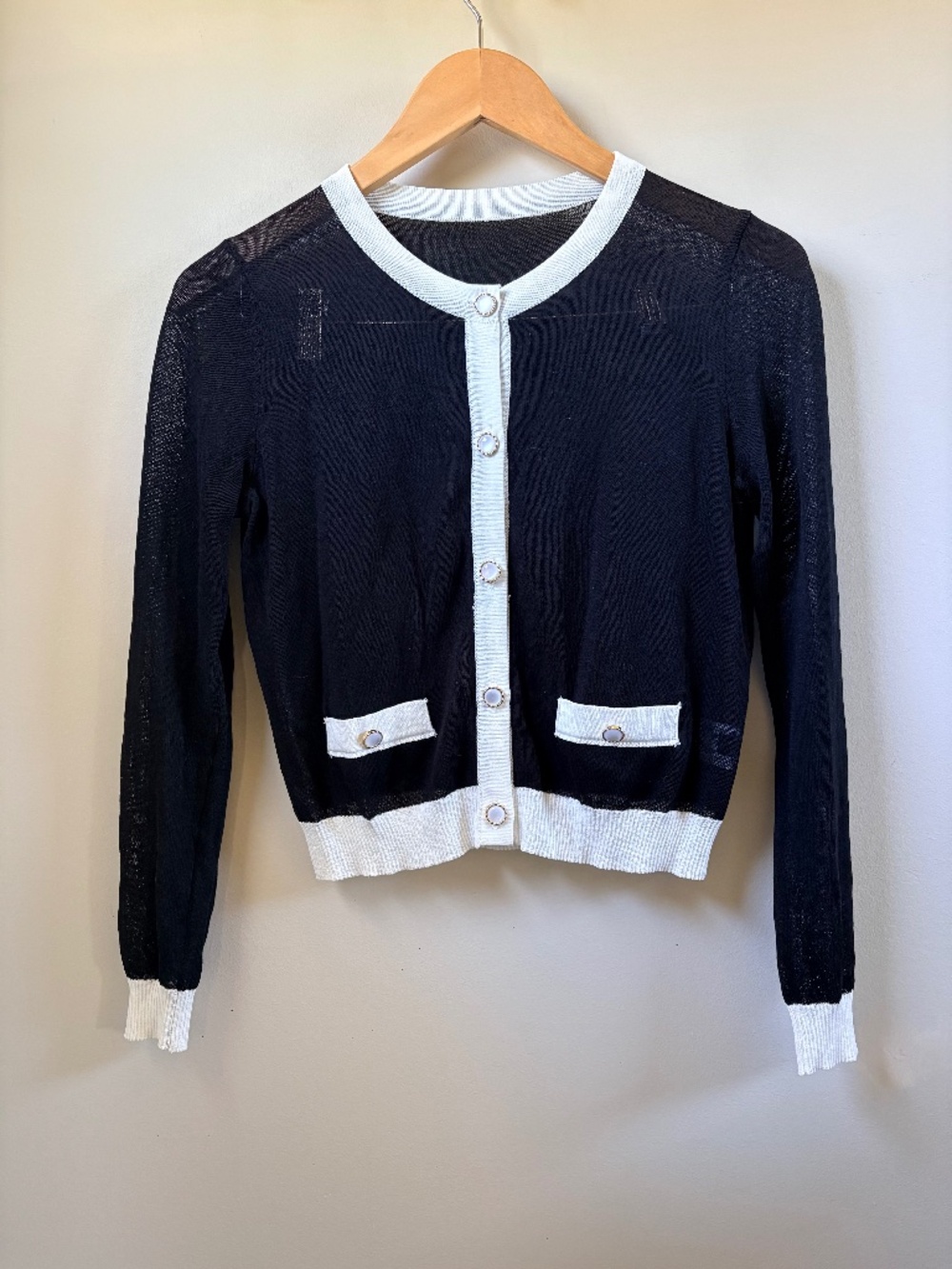 Long Sleeve Black Sheer Cardigan with White Trim